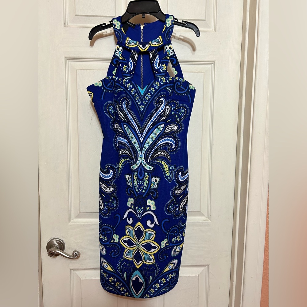 Halter blue dress with paisley print and heartshape front S